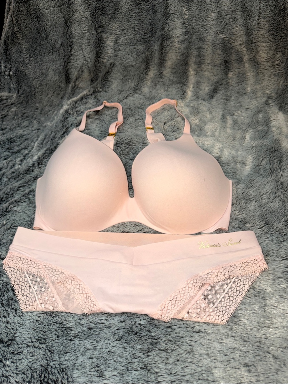 Victoria's Secret Pale Pink Molded Push-Up Bra with Lace Hipster